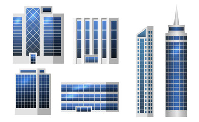 Set of city buildings isolated to create modern urban cityscape, Flat design. Business office, houses, shopping center with gllazed panels. Vector illustration