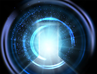 mystical glowing portal, neon blue light doors, gates to the other universe with shining swirling ri
