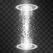 Sci Fi White Light Space Travel Portal Vector Isolated On Transparent Background. Swirling Luminous Podium For Presentation, Posters, Ads, Banners. Magical Holographic Tunnel, Club Projector Spotlight