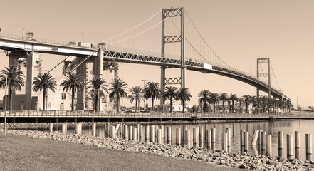  Image of the Vincent Thomas Bridge in the Port of Los Angeles. This suspension bridge connect terminal Island and San Pedro.