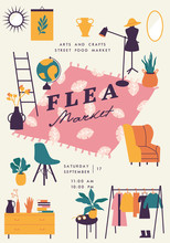 Vector Illustration Flea Market Poster With Vintage Clothes And Accessories Shop, Cartoon Flat Design. Retail Store Sale Invitation. Rag Fair.