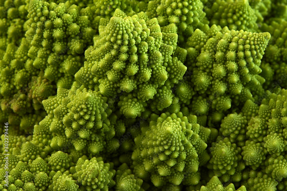 Romanesco broccoli or Roman cauliflower, close up shot from above, texture detail of the healthy vegetable Brassica oleracea, a variation of cauliflower. macro photo - obrazy, fototapety, plakaty 