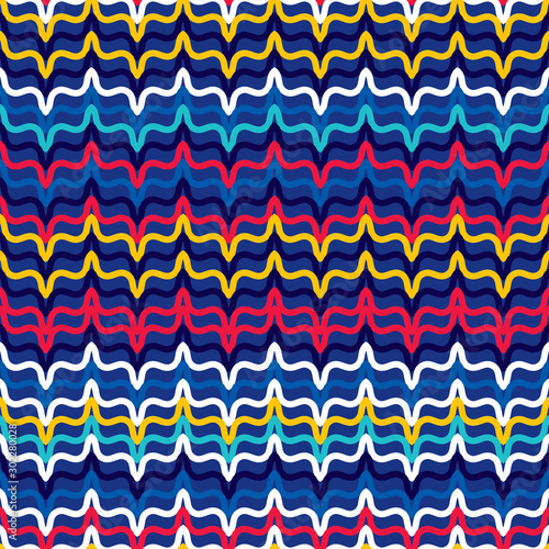 Seamless pattern with wave-shaped shapes. Oscillation of lines in space.