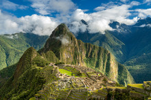 Historic Ancient Archeological Incan Machu Picchu On Mountain In Andes, Cuzco Region, Peru