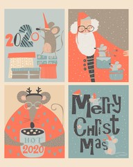 Wall Mural - Set of Christmas cards with cute mouse and Santa Claus