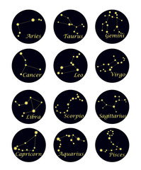 Wall Mural - Astrological signs of the zodiac. Icon set with constellations: Aries, Leo, Virgo, Libra, Scorpio, Capricorn, Aquarius, Sagittarius, Pisces, Taurus, Gemini, Cancer.