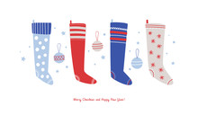 Greeting Card With Decor Elements For The Winter Holiday. Christmas Socks, Christmas Balls, And Snowflakes. Happy Winter Holidays. New Year Design For A Print Poster. Vector Seasonal Illustration.