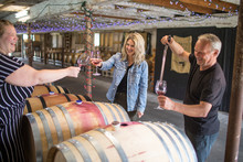 Winemaker And Friends Tasting Wine Out Of Barrels At A Local Vineyard.