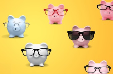 Sticker - Piggy bank in glasses on colorfel gradient background