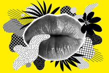 Halftone Woman Lips On Bright Background With Shapes