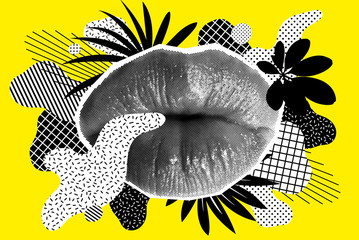 Halftone Woman Lips On Bright Background with Shapes