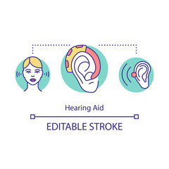 Hearing aid concept icon. Auditory prosthesis. Listening devices. Medical care. Heathcare. Biotechnology idea thin line illustration. Vector isolated outline drawing. Editable stroke