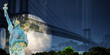 Surreal digital art. Manhattan bridge and Liberty statue on New York's cityscape. Giant moon