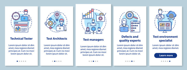 Software testing roles onboarding mobile app page screen with linear concepts. Qulity control experts walkthrough steps graphic instructions. UX, UI, GUI vector template with illustrations