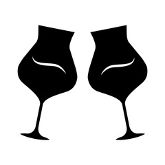 Wall Mural - Two clinking wine glasses glyph icon. Glassfuls of alcohol beverage. Wine service. Party. Wedding. Tasting, degustation. Toast. Cheers. Silhouette symbol. Negative space. Vector isolated illustration