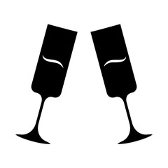 Sticker - Two clinking champagne glasses glyph icon. Sparkling wine. Glassfuls of alcohol beverage. Wine service. Celebration. Degustation. Silhouette symbol. Negative space. Vector isolated illustration