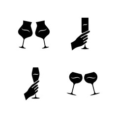 Poster - Wine service glyph icons set. Clinking glasses of wine. Hands holding alcohol beverages. Celebration, party. Wedding. Glassware, winery. Cheers. Silhouette symbols. Vector isolated illustration