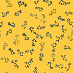 Blue line Veterinary clinic symbol icon isolated seamless pattern on yellow background. Cross with cat veterinary care. Pet First Aid sign. Vector Illustration