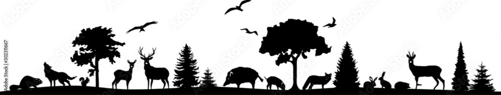 Wild Animals Forest Landscape Vector Silhouette Stock Vector | Adobe Stock