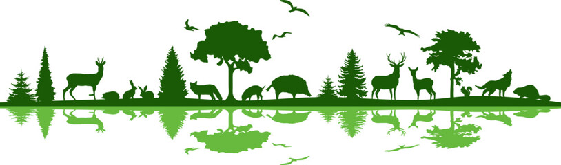 Wall Mural - wild animals forest landscape vector silhouette