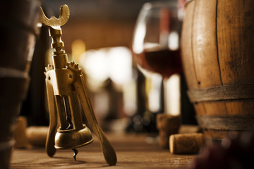 Canvas Print - Wine tasting in the cellar and vintage corkscrew