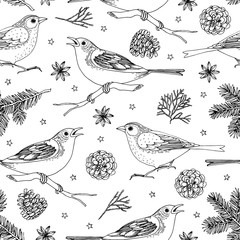 Wall Mural - Elegant hand drawn Christmas seamless pattern with birds, fir tree branches, star anise and pine cones. Winter vintage engraving design for textile, scrabooking. Vector illustration background.