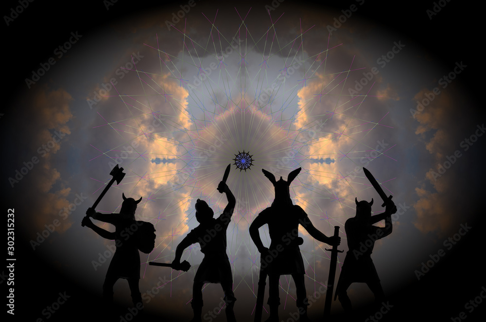 Four silhouettes of Old Norse Gods-warriors in the guise of armed Vikings, standing in front of the huge Eye of the Universe, fantasy theme - obrazy, fototapety, plakaty 