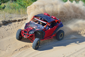 Wall Mural - column of dust from utv, atv & offroad driving in summer day