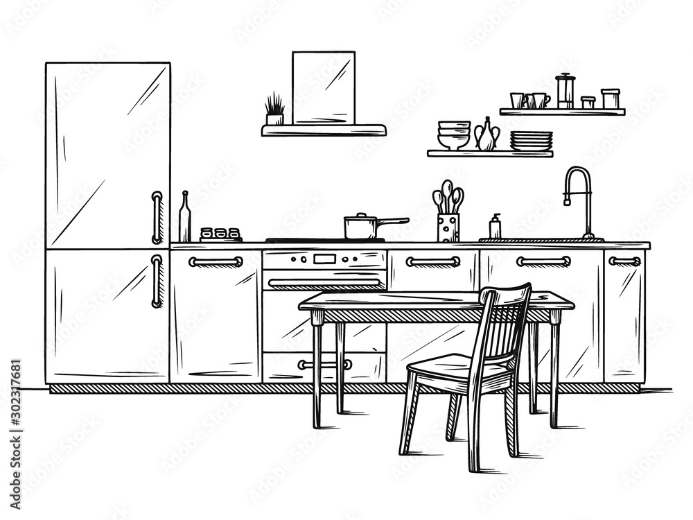 Hand drawn kitchen furniture. Vector illustration in sketch style Stock ...