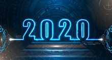 Happy New 2020 Year. Futuristic Neon Background. Future Technology Template