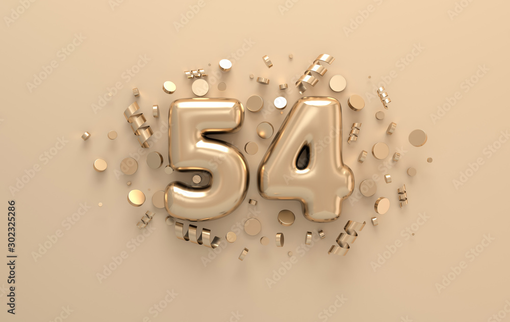 Number 54 Rip Golden 3d number 54 with festive confetti and spiral ribbons. Poster ...