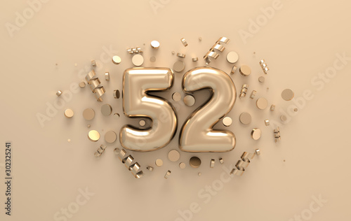 Fotomural Golden 3d number 52 with festive confetti and spiral ribbons