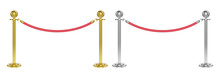 Realistic Velvet Rope Barrier With Golden And Silver Poles. Isolated Vector Illustration.