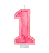 Watercolour Illustration Of Pink "Number 1" Candle Decorated With Tiny Silver Glitter. One Single Object. Handdrawn Water Color Painting, Cutout Clip Art Element For Design, Invitation, Greeting Card.