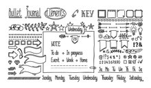 Bullet Journal Hand Drawn Elements For Notebook, Diary. Cute Hand Drawn Doodle Banners Isolated On White. Numbers And Days Of Week: Sunday, Monday, Tuesday, Wednesday, Thursday, Friday, Saturday.