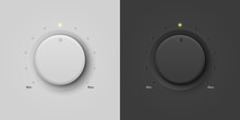 Vector 3d Realistic White And Black Plastic Knob Icon Set. Design Template Of Circle Button Closeup. Circular Processing, Power Volume Playback Control, Mininmum, Maximum. Stock Vector Illustration