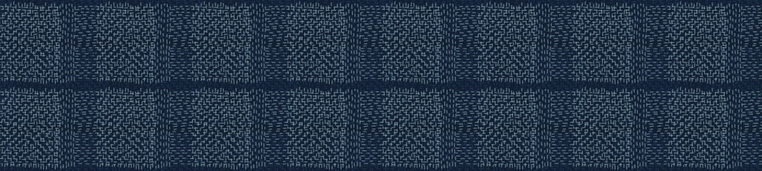 Embroidery Boro Fabric Sashiko Kantha Vector Border Pattern. Striped Needlework Banner Background Indigo Blue Style. Running Hand Stitch Texture Textile Trim. Japan Decor. Masculine Washi Tape EPS 10