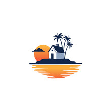 Solitary Cottage Home Stay In The Island Beach Of Country Side Village With Sunset Behind Vector Logo Design