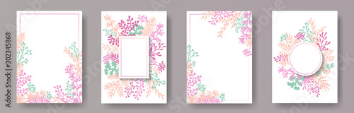 Simple herb twigs, tree branches, flowers floral invitation cards templates. ...