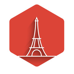 Wall Mural - White line Eiffel tower icon isolated with long shadow. France Paris landmark symbol. Red hexagon button. Vector Illustration