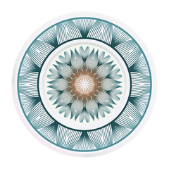 Set of 2 matching decorative plates for interior design. Empty dish, porcelain plate mock up design. Vector illustration. Decorative plates with Mandala ornament patterns. Home decor background.