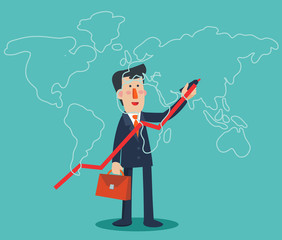 Successful businessman draws a graph going up over world map. Revenue growth vector concept