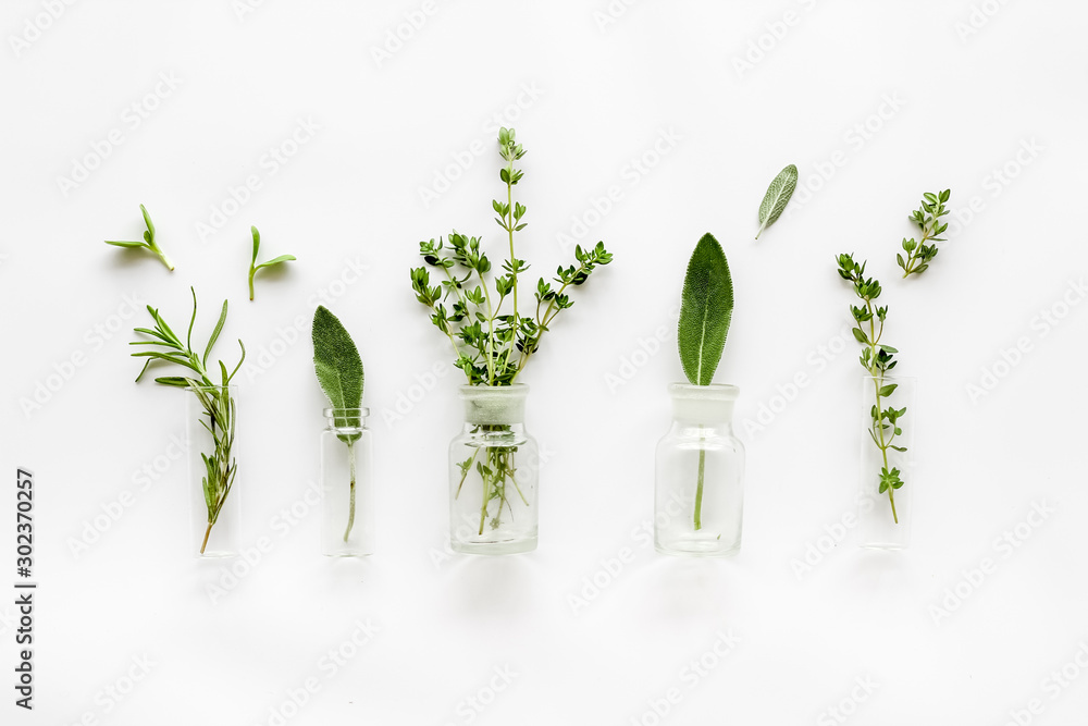 Herbal formulations for health care on white background top view pattern - obrazy, fototapety, plakaty 