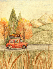 Vertical card posters thanksgiving day isolated autumn family holiday tradition. Hand drawing red cute car on a fall road going with turkey, pumpkin and pie on top