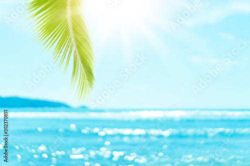 Blur beautiful nature green palm leaf on tropical beach with bokeh sun light ...
