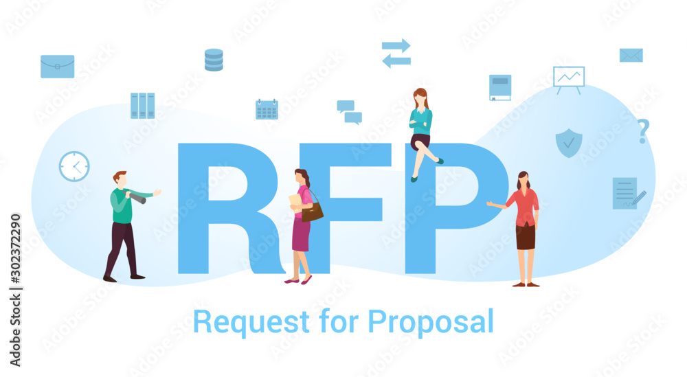 rfp request for proposal concept with big word or text and team people with modern flat style - vector - obrazy, fototapety, plakaty 