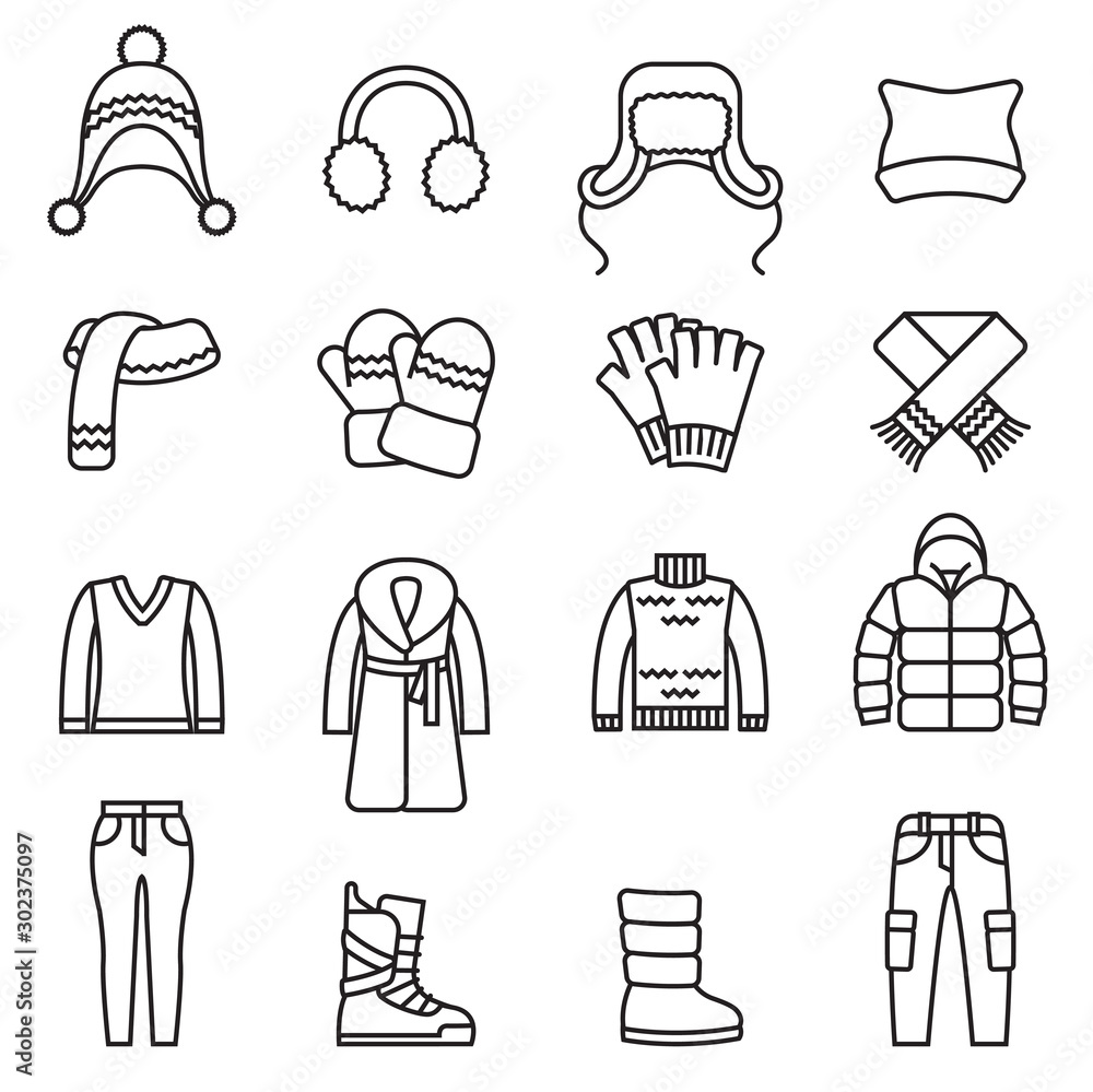 Winter clothes, Warm clothes isolated line icons set with white ...