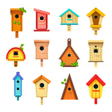 Birdhouses Isolated Icons, Nesting Boxes Or Tree Buildings