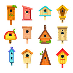 Birdhouses isolated icons, nesting boxes or tree buildings