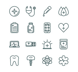 Sticker - healthcare equipment medical icons set line fill